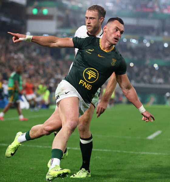 Jesse Kriel of South Africa celebrates after scoring their third try during the 2026 Nations Championship match between South Africa and Wales at Kings Park Stadium on July 18, 2026 in Durban, South Africa. (Photo by David Rogers/Getty Images)