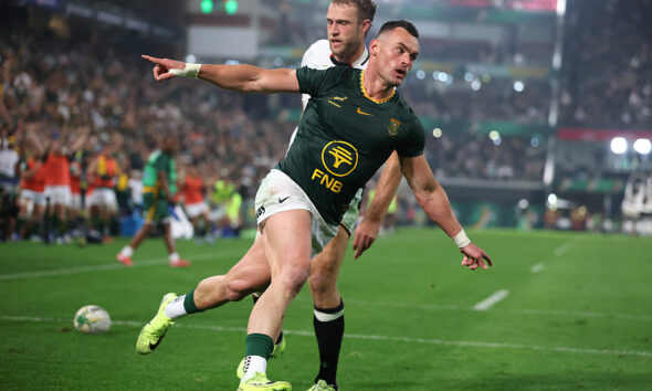 Jesse Kriel of South Africa celebrates after scoring their third try during the 2026 Nations Championship match between South Africa and Wales at Kings Park Stadium on July 18, 2026 in Durban, South Africa. (Photo by David Rogers/Getty Images)