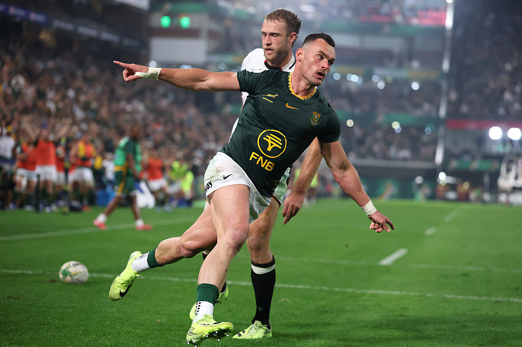 Jesse Kriel of South Africa celebrates after scoring their third try during the 2026 Nations Championship match between South Africa and Wales at Kings Park Stadium on July 18, 2026 in Durban, South Africa. (Photo by David Rogers/Getty Images)