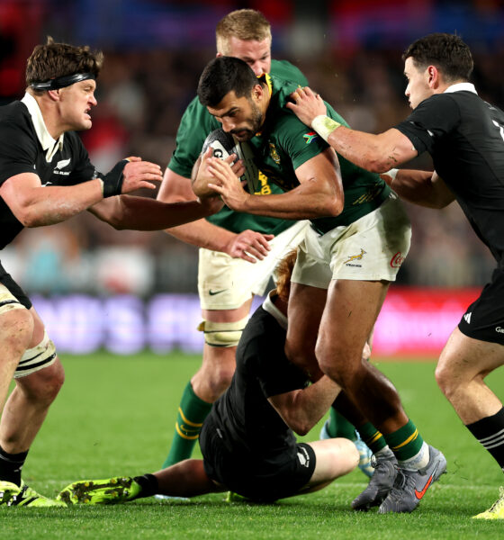 Damian de Allende of South Africa is tackled during The Rugby Championship match between the New Zealand All Blacks and South Africa Springboks at Eden Park on September 06, 2025 in Auckland, New Zealand. (Photo by Phil Walter/Getty Images)