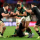 Damian de Allende of South Africa is tackled during The Rugby Championship match between the New Zealand All Blacks and South Africa Springboks at Eden Park on September 06, 2025 in Auckland, New Zealand. (Photo by Phil Walter/Getty Images)