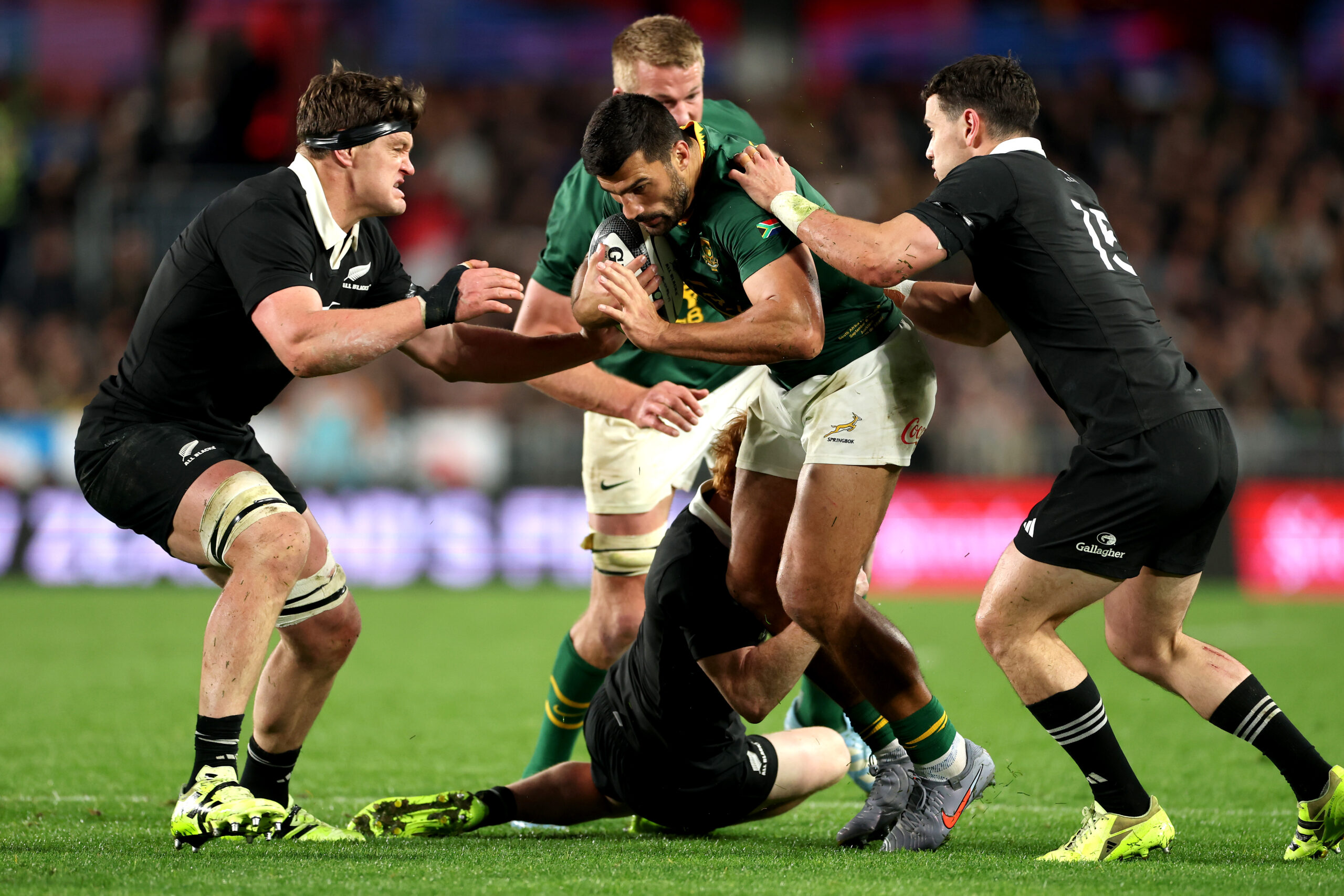 Damian de Allende of South Africa is tackled during The Rugby Championship match between the New Zealand All Blacks and South Africa Springboks at Eden Park on September 06, 2025 in Auckland, New Zealand. (Photo by Phil Walter/Getty Images)