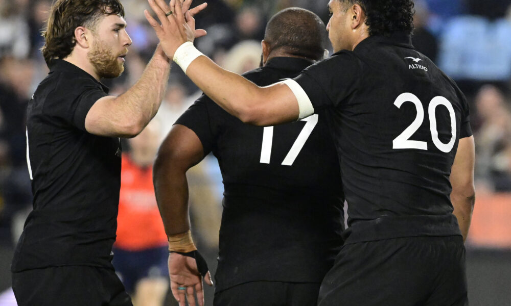 Wallace Sititi of New Zealand scores a try and celebrate with teammates during the Castle Double Malt Rugby's Greatest Rivalry match between Vodacom Bulls and New Zealand at Loftus Versfeld on August 15, 2026 in Pretoria, South Africa. (Photo by Sydney Seshibedi/Gallo Images/Getty Images)