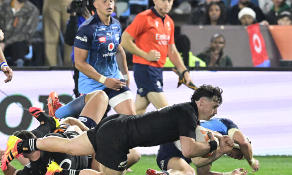 Leroy Carter of New Zealand scores a try during the Castle Double Malt Rugby's Greatest Rivalry match between Vodacom Bulls and New Zealand at Loftus Versfeld on August 15, 2026 in Pretoria, South Africa. (Photo by Sydney Seshibedi/Gallo Images/Getty Images)