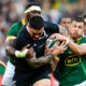Codie Taylor of the All Blacks tackled by Handre Pollard and Siya Kolisi (captain) of the Springboks during the Castle Lager Rugby Championship match between South Africa and New Zealand at DHL Stadium on September 07, 2024 in Cape Town, South Africa. (Photo by Ashley Vlotman/Gallo Images/Getty Images)