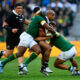Mark Tele'a of the All Blacks tackled by Damian de Allende and Siya Kolisi (captain) of the Springboks during the Castle Lager Rugby Championship match between South Africa and New Zealand at DHL Stadium on September 07, 2024 in Cape Town, South Africa. (Photo by Ashley Vlotman/Gallo Images/Getty Images)