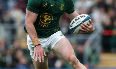 Ethan Hooker of the South Africa Springboks runs with the ball during the Rugby Championship match between South Africa Springboks and Argentina at Allianz Stadium on October 04, 2025 in London, England. (Photo by David Rogers/Getty Images)