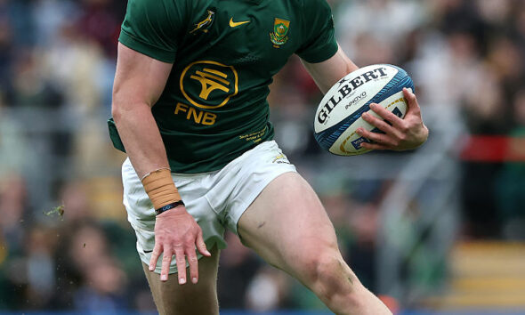 Ethan Hooker of the South Africa Springboks runs with the ball during the Rugby Championship match between South Africa Springboks and Argentina at Allianz Stadium on October 04, 2025 in London, England. (Photo by David Rogers/Getty Images)