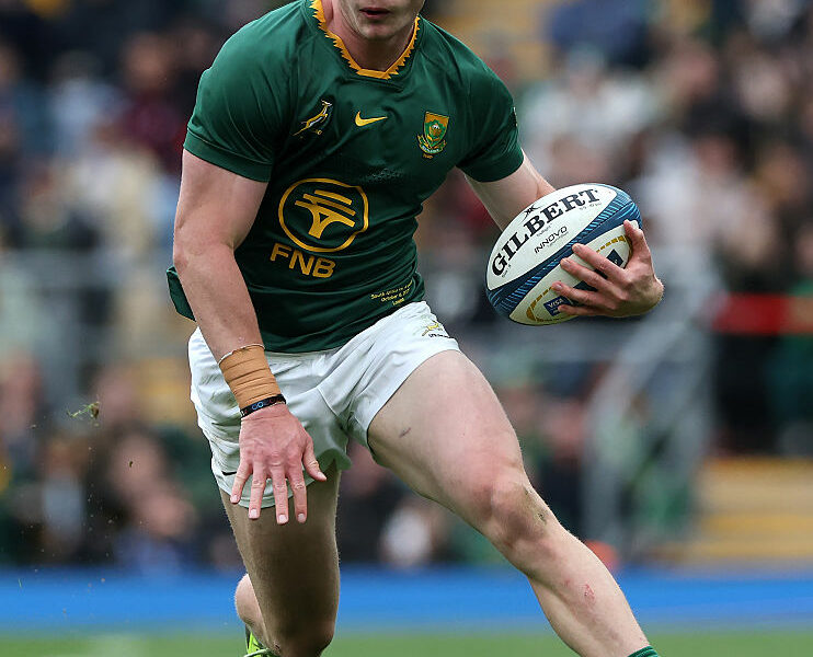 Ethan Hooker of the South Africa Springboks runs with the ball during the Rugby Championship match between South Africa Springboks and Argentina at Allianz Stadium on October 04, 2025 in London, England. (Photo by David Rogers/Getty Images)