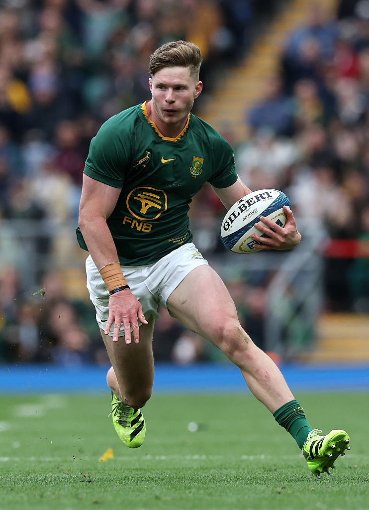 Ethan Hooker of the South Africa Springboks runs with the ball during the Rugby Championship match between South Africa Springboks and Argentina at Allianz Stadium on October 04, 2025 in London, England. (Photo by David Rogers/Getty Images)