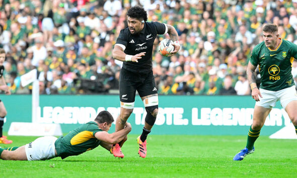 Ardie Savea of New Zealand with the ball during the Castle Double Malt Greatest Rivalry Tour match between South Africa and New Zealand at 10bet Ellis Park on August 22, 2026 in Johannesburg, South Africa. (Photo by Sydney Seshibedi/Gallo Images/Getty Images)