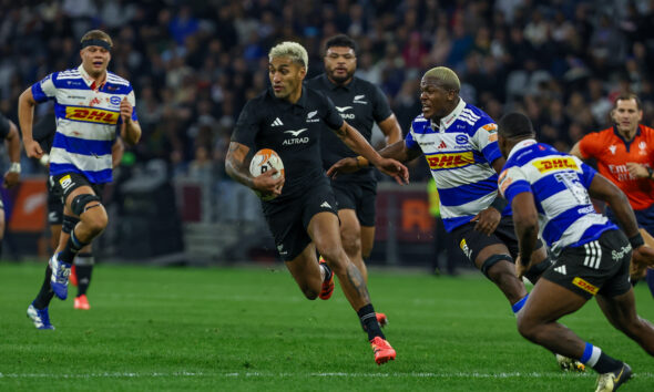 ieko Ioane of New Zealand during the Rugby's Greatest Rivalry match between DHL Stormers and New Zealand at DHL Stadium on August 07, 2026 in Cape Town, South Africa. (Photo by Roger Sedres/Gallo Images)
