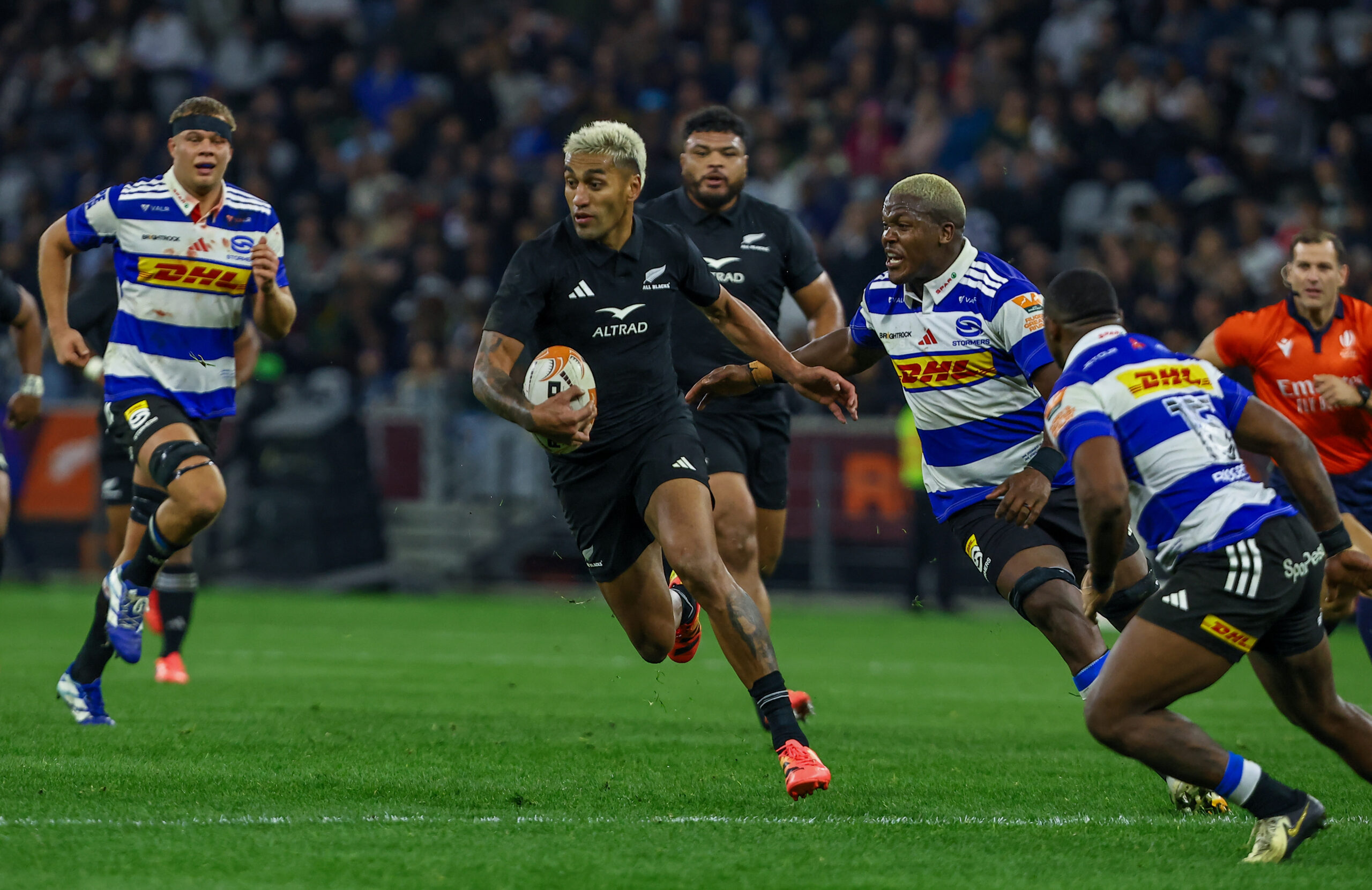 ieko Ioane of New Zealand during the Rugby's Greatest Rivalry match between DHL Stormers and New Zealand at DHL Stadium on August 07, 2026 in Cape Town, South Africa. (Photo by Roger Sedres/Gallo Images)