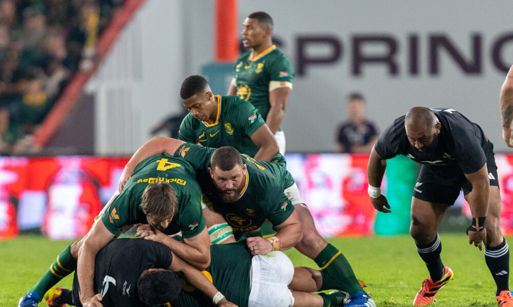 Eben Etzebeth of the Springboks and Wilco Louw of the Springboks during the Castle Double Malt Greatest Rivalry Tour match between South Africa and New Zealand at 10bet Ellis Park on August 22, 2026 in Johannesburg, South Africa. (Photo by Floris van Schouwenburg/Gallo Images)