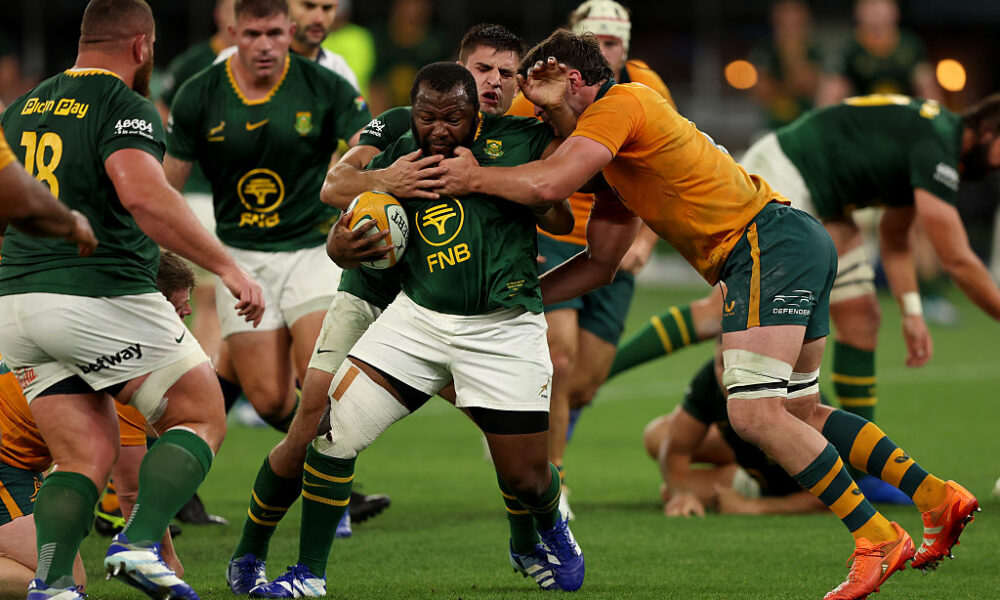 Ox Nche of the Springboks is tackled during the Rugby Championship match between Australia Wallabies and South Africa Springboks at Optus Stadium on September 27, 2026 in Perth, Australia. (Photo by Janelle St Pierre/Getty Images)