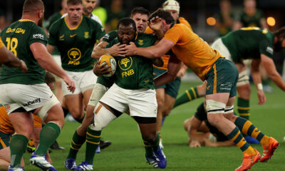 Ox Nche of the Springboks is tackled during the Rugby Championship match between Australia Wallabies and South Africa Springboks at Optus Stadium on September 27, 2026 in Perth, Australia. (Photo by Janelle St Pierre/Getty Images)