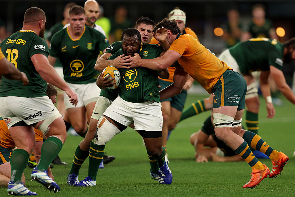 Ox Nche of the Springboks is tackled during the Rugby Championship match between Australia Wallabies and South Africa Springboks at Optus Stadium on September 27, 2026 in Perth, Australia. (Photo by Janelle St Pierre/Getty Images)