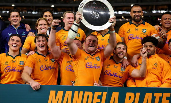 Harry Wilson of the Wallabies celebrates with the Mandela Plate after winning the Rugby Championship match between Australia Wallabies and South Africa Springboks at Optus Stadium on September 27, 2026 in Perth, Australia. (Photo by Paul Kane/Getty Images)