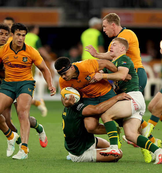 Hunter Paisami of the Wallabies is tackled during the Rugby Championship match between Australia Wallabies and South Africa Springboks at Optus Stadium on September 27, 2026 in Perth, Australia. (Photo by Janelle St Pierre/Getty Images)