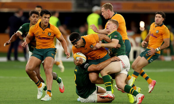 Hunter Paisami of the Wallabies is tackled during the Rugby Championship match between Australia Wallabies and South Africa Springboks at Optus Stadium on September 27, 2026 in Perth, Australia. (Photo by Janelle St Pierre/Getty Images)