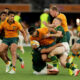 Hunter Paisami of the Wallabies is tackled during the Rugby Championship match between Australia Wallabies and South Africa Springboks at Optus Stadium on September 27, 2026 in Perth, Australia. (Photo by Janelle St Pierre/Getty Images)