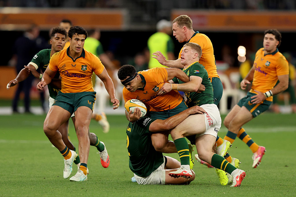 Hunter Paisami of the Wallabies is tackled during the Rugby Championship match between Australia Wallabies and South Africa Springboks at Optus Stadium on September 27, 2026 in Perth, Australia. (Photo by Janelle St Pierre/Getty Images)