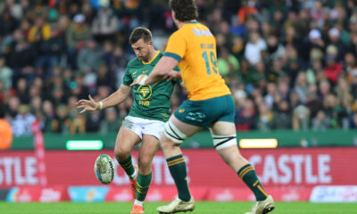 Handré Pollard of the Springboks during the Castle Lager Rugby Championship match between South Africa and Australia at DHL Stadium on August 23, 2025 in Cape Town, South Africa. (Photo by Floris van Schouwenburg/Gallo Images)