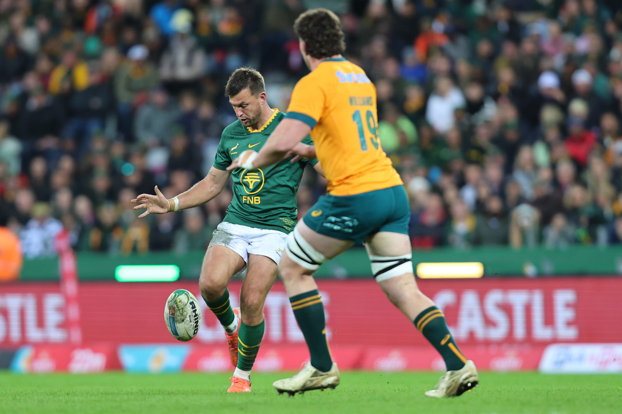 Handré Pollard of the Springboks during the Castle Lager Rugby Championship match between South Africa and Australia at DHL Stadium on August 23, 2025 in Cape Town, South Africa. (Photo by Floris van Schouwenburg/Gallo Images)