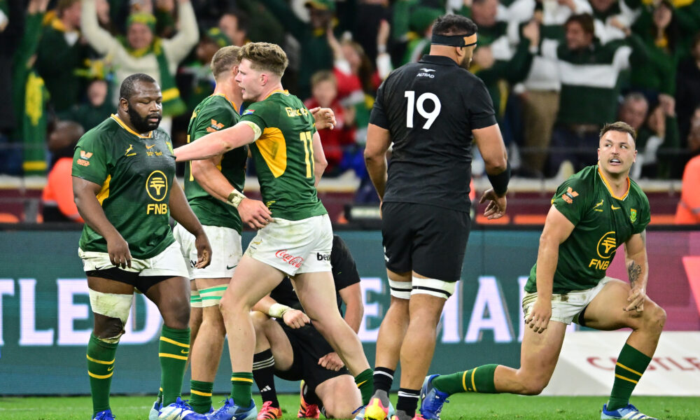 South Africa celebrate the win during the Castle Double Malt Rugby's Greatest Rivalry, 2nd Test match between South Africa and New Zealand at DHL Stadium on August 29, 2026 in Cape Town, South Africa. (Photo by Ashley Vlotman/Gallo Images)