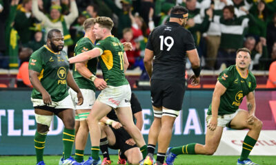 South Africa celebrate the win during the Castle Double Malt Rugby's Greatest Rivalry, 2nd Test match between South Africa and New Zealand at DHL Stadium on August 29, 2026 in Cape Town, South Africa. (Photo by Ashley Vlotman/Gallo Images)