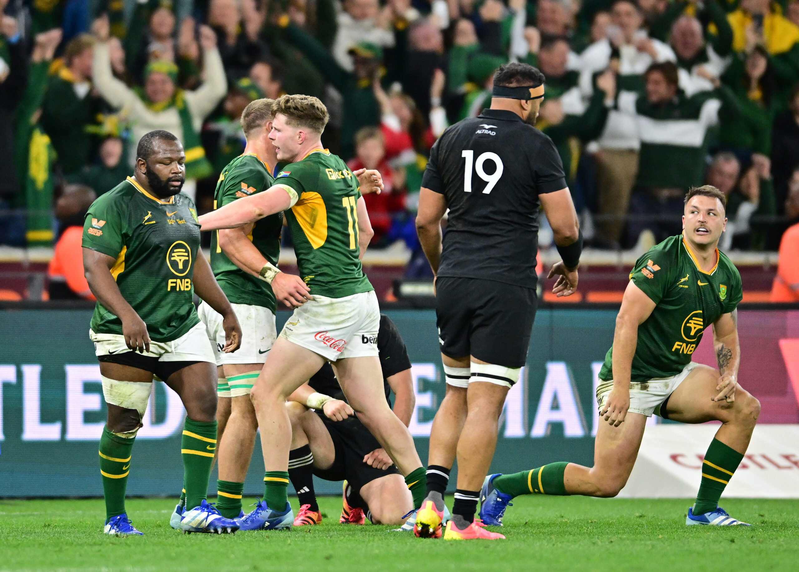 South Africa celebrate the win during the Castle Double Malt Rugby's Greatest Rivalry, 2nd Test match between South Africa and New Zealand at DHL Stadium on August 29, 2026 in Cape Town, South Africa. (Photo by Ashley Vlotman/Gallo Images)