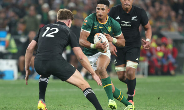 Sacha Feinberg-Mngomezulu on the attack for the Springboks during the Castle Double Malt Rugby's Greatest Rivalry, 3rd Test match between South Africa and New Zealand at FNB Stadium on September 05, 2026 in Johannesburg, South Africa. (Photo by Johan Orton/Gallo Images)