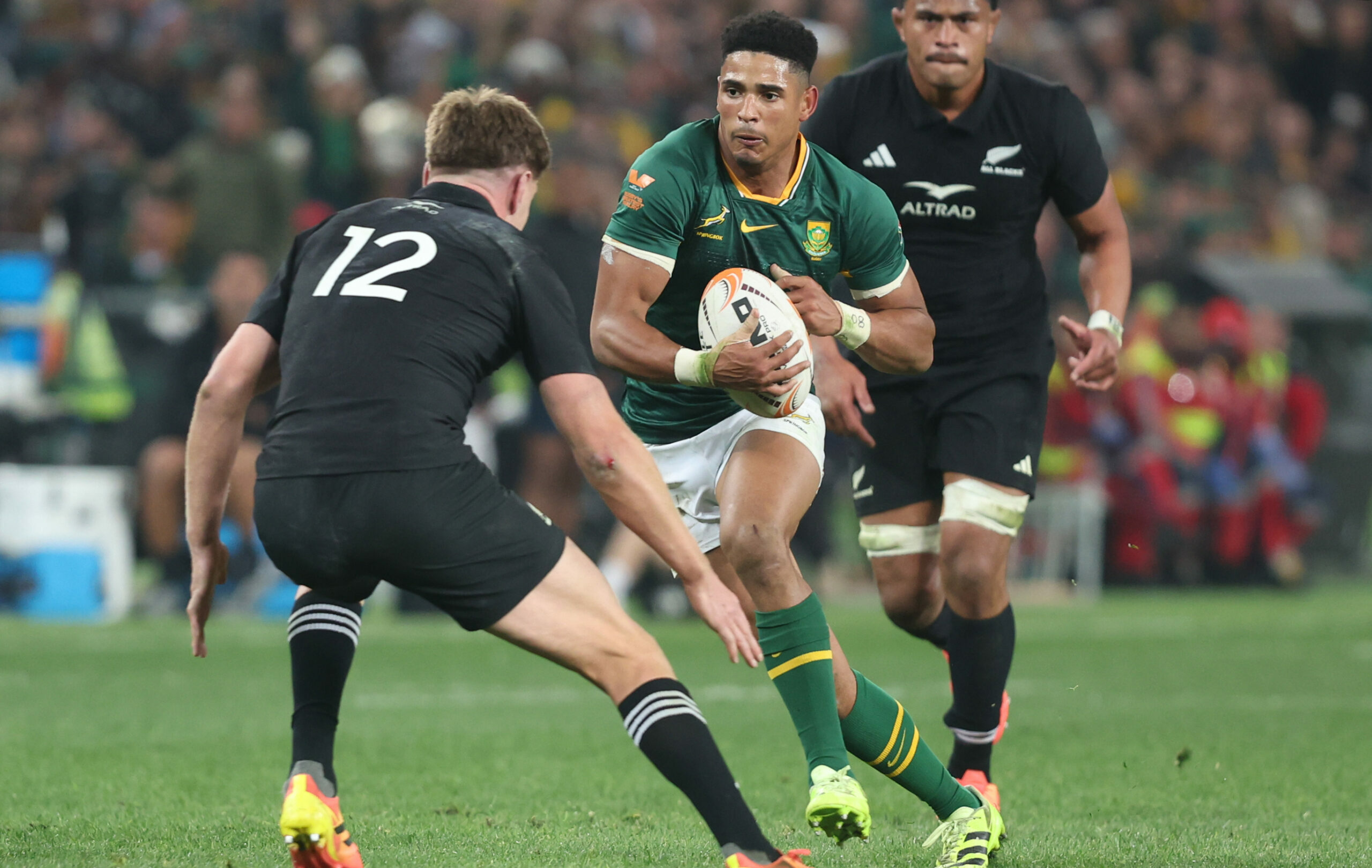 Sacha Feinberg-Mngomezulu on the attack for the Springboks during the Castle Double Malt Rugby's Greatest Rivalry, 3rd Test match between South Africa and New Zealand at FNB Stadium on September 05, 2026 in Johannesburg, South Africa. (Photo by Johan Orton/Gallo Images)