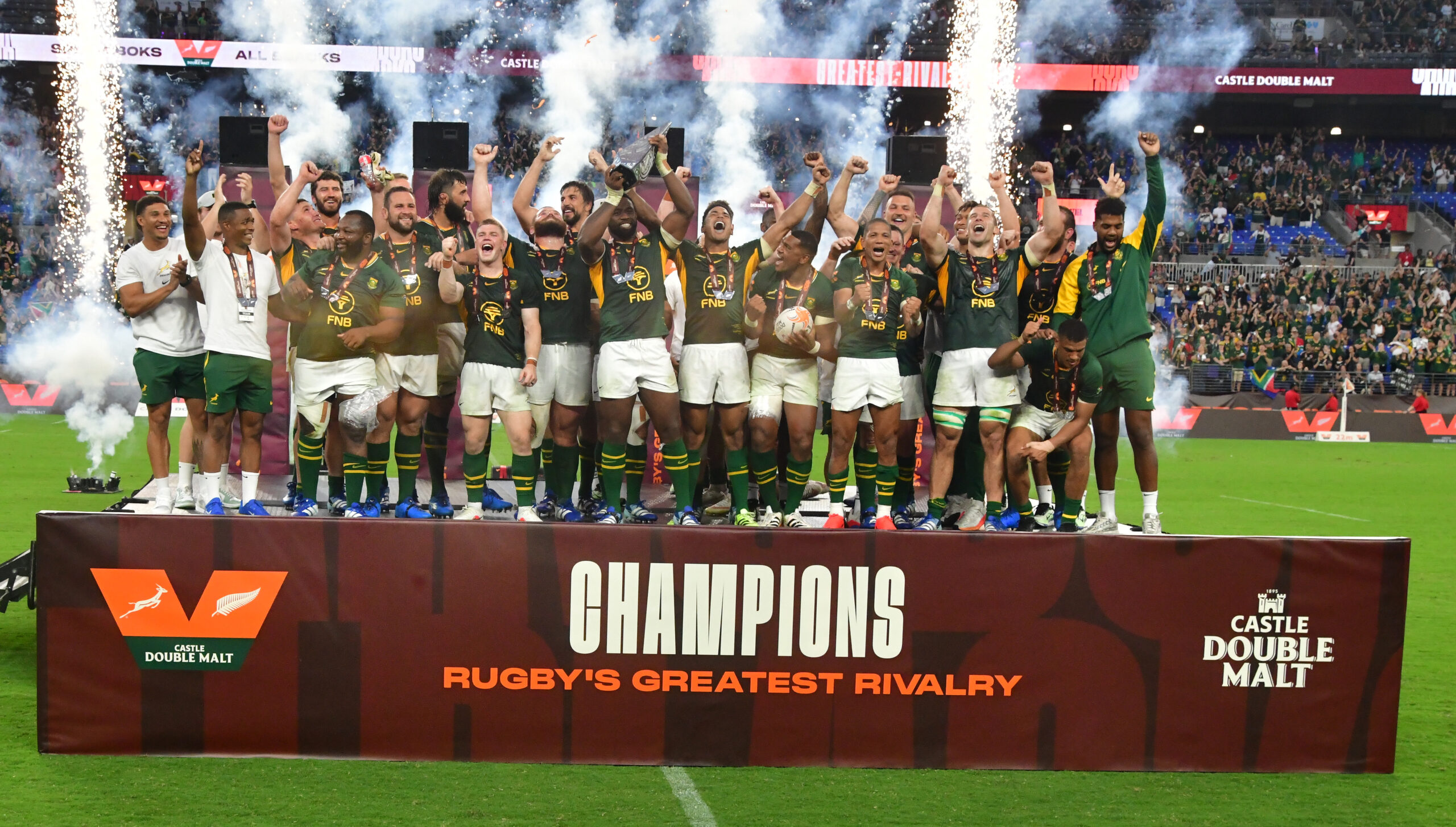 BALTIMORE, UNITED STATES OF AMERICA - SEPTEMBER 12: South Africa lifts the trophy during the Castle Double Malt Rugby's Greatest Rivalry match between South Africa and New Zealand at M&T Bank Stadium on September 12, 2026 in Baltimore, United States of America. (Photo by Alan Spiegler/Gallo Images)