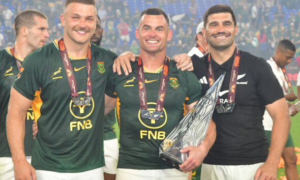 Andre Esterhuizen, Jesse Kriel and Damian de ⁠Allende with the trophy during the Castle Double Malt Rugby's Greatest Rivalry match between South Africa and New Zealand at M&T Bank Stadium on September 12, 2026 in Baltimore, United States of America. (Photo by Alan Spiegler/Gallo Images)