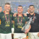 Andre Esterhuizen, Jesse Kriel and Damian de ⁠Allende with the trophy during the Castle Double Malt Rugby's Greatest Rivalry match between South Africa and New Zealand at M&T Bank Stadium on September 12, 2026 in Baltimore, United States of America. (Photo by Alan Spiegler/Gallo Images)