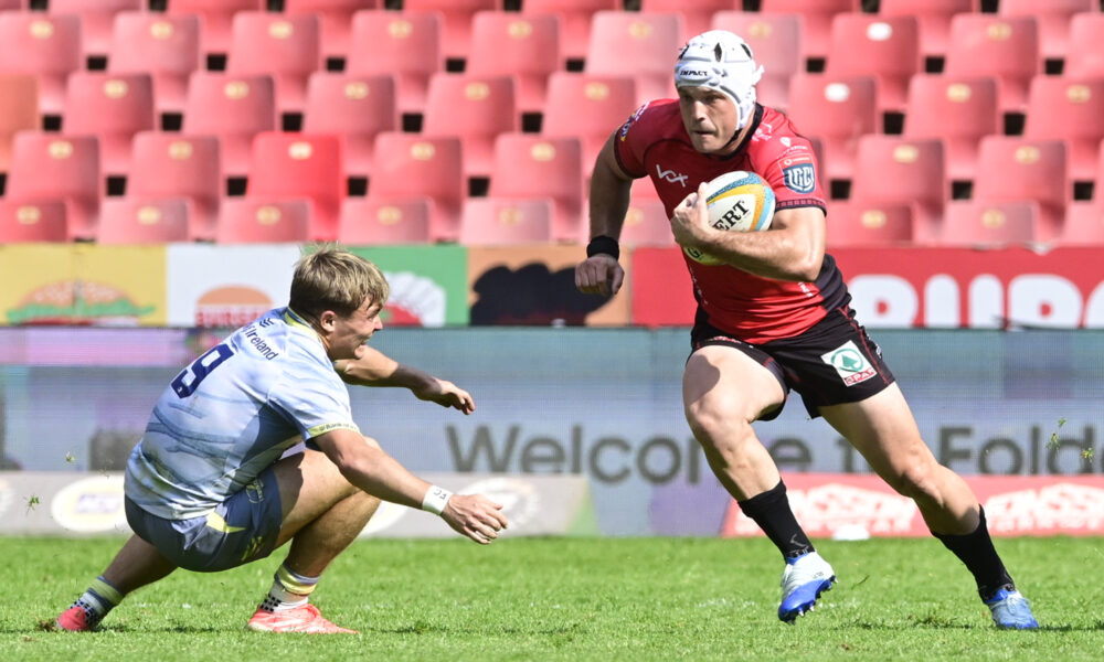 Henco Van Wyk of the Lions with the ball during the United Rugby Championship match between 10bet Lions and Leinster at 10bet Ellis Park Stadium on September 26, 2026 in Johannesburg, South Africa. (Photo by Sydney Seshibedi/Gallo Images)