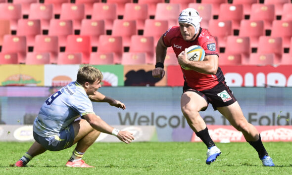 Henco Van Wyk of the Lions with the ball during the United Rugby Championship match between 10bet Lions and Leinster at 10bet Ellis Park Stadium on September 26, 2026 in Johannesburg, South Africa. (Photo by Sydney Seshibedi/Gallo Images)