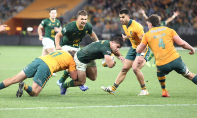 Paul de Villiers of South Africa is tackled by Aidan Ross (L) of Australia during the International match between Australia and South Africa at Optus Stadium on September 27, 2026 in Perth, Australia. (Photo by Antony Dickson/Gallo Images)