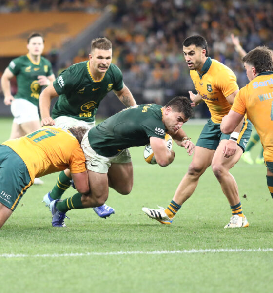 Paul de Villiers of South Africa is tackled by Aidan Ross (L) of Australia during the International match between Australia and South Africa at Optus Stadium on September 27, 2026 in Perth, Australia. (Photo by Antony Dickson/Gallo Images)