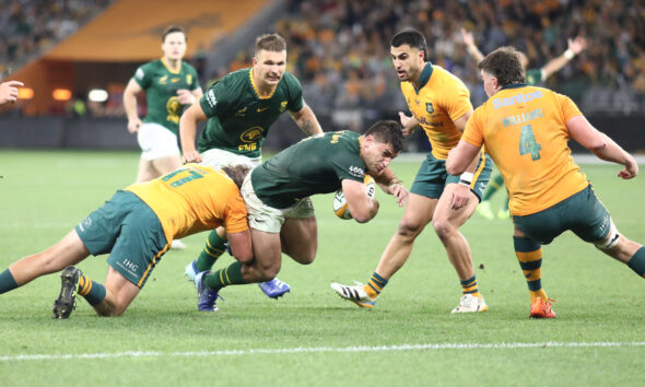 Paul de Villiers of South Africa is tackled by Aidan Ross (L) of Australia during the International match between Australia and South Africa at Optus Stadium on September 27, 2026 in Perth, Australia. (Photo by Antony Dickson/Gallo Images)