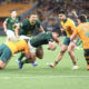 Paul de Villiers of South Africa is tackled by Aidan Ross (L) of Australia during the International match between Australia and South Africa at Optus Stadium on September 27, 2026 in Perth, Australia. (Photo by Antony Dickson/Gallo Images)