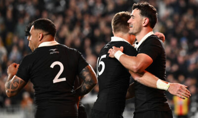 Will Jordan of the All Blacks celebrates scoring a try with Beauden Barrett of the All Blacks during The Rugby Championship & Bledisloe Cup match between the New Zealand All Blacks and Australia Wallabies at Eden Park on October 10, 2026 in Auckland, New Zealan