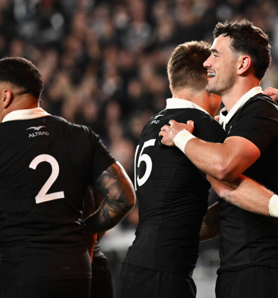Will Jordan of the All Blacks celebrates scoring a try with Beauden Barrett of the All Blacks during The Rugby Championship & Bledisloe Cup match between the New Zealand All Blacks and Australia Wallabies at Eden Park on October 10, 2026 in Auckland, New Zealan