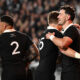 Will Jordan of the All Blacks celebrates scoring a try with Beauden Barrett of the All Blacks during The Rugby Championship & Bledisloe Cup match between the New Zealand All Blacks and Australia Wallabies at Eden Park on October 10, 2026 in Auckland, New Zealan