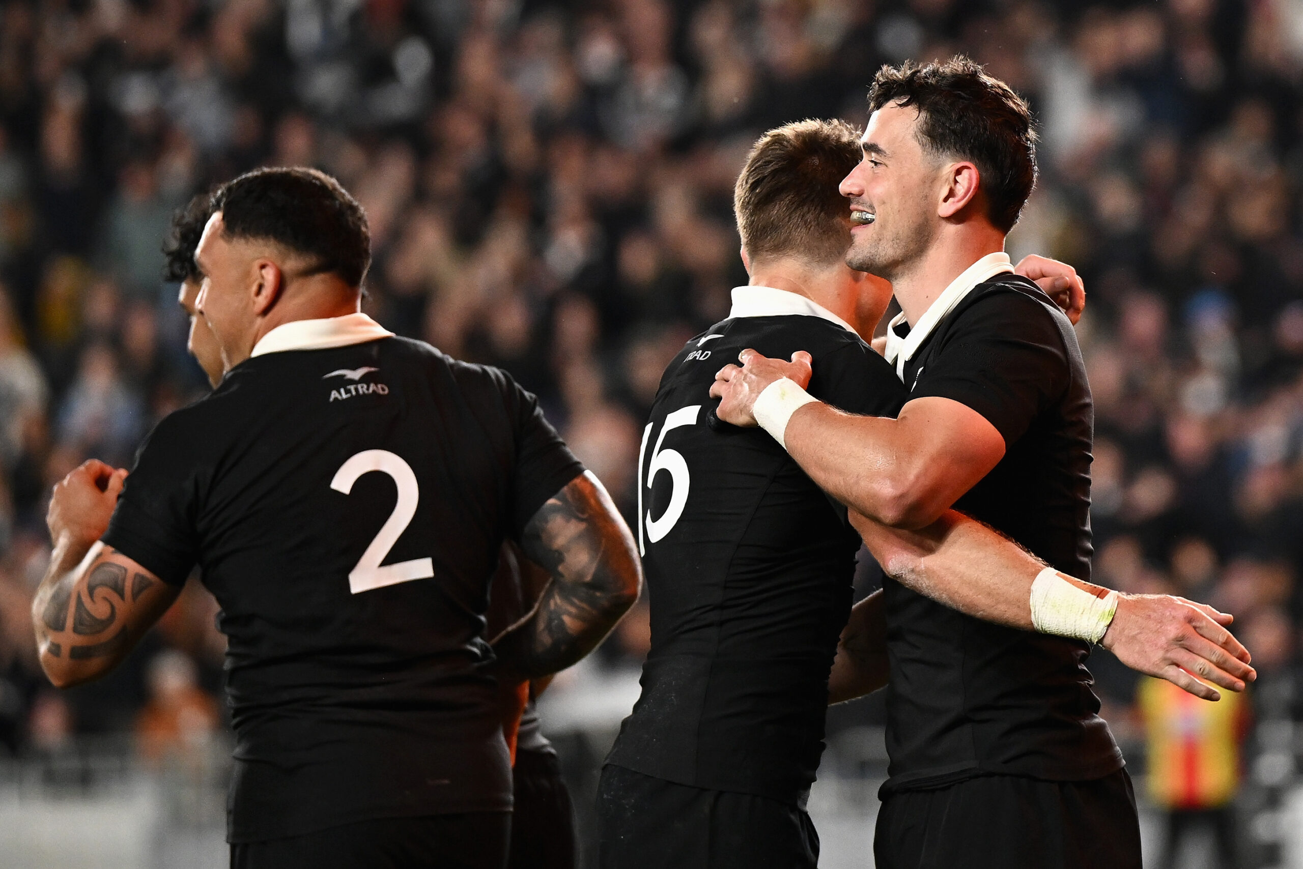 Will Jordan of the All Blacks celebrates scoring a try with Beauden Barrett of the All Blacks during The Rugby Championship & Bledisloe Cup match between the New Zealand All Blacks and Australia Wallabies at Eden Park on October 10, 2026 in Auckland, New Zealan