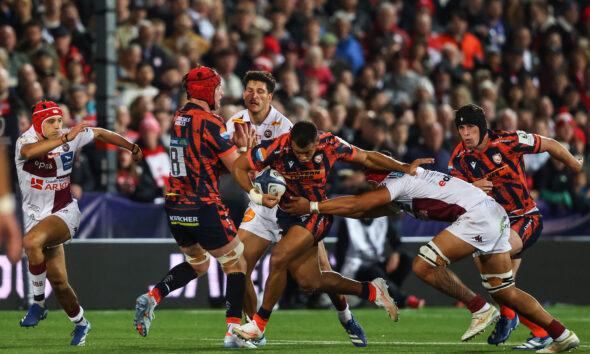 Investec Champions Cup Round 1, Kingsholm Stadium, Gloucester, England 16/10/2026 Gloucester Rugby vs Union Bordeaux-Begles Gloucester’s Will Joseph tackled by Temo Matiu of Bordeaux Mandatory Credit ©INPHO/Ben Brady