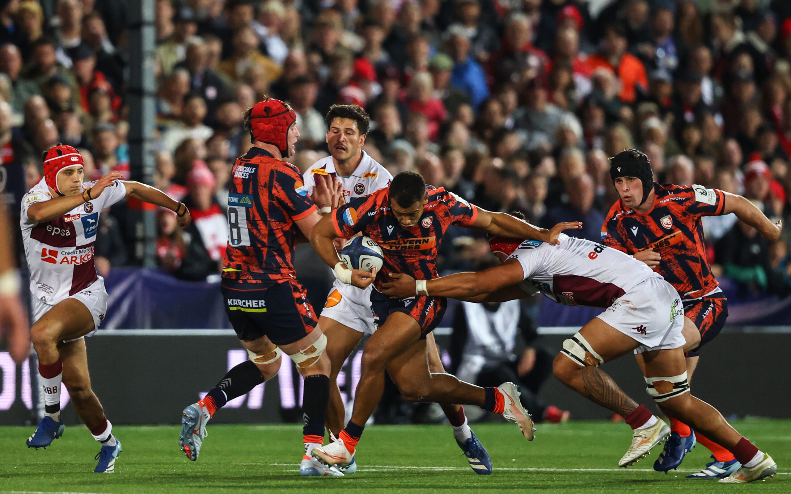 Investec Champions Cup Round 1, Kingsholm Stadium, Gloucester, England 16/10/2026 Gloucester Rugby vs Union Bordeaux-Begles Gloucester’s Will Joseph tackled by Temo Matiu of Bordeaux Mandatory Credit ©INPHO/Ben Brady