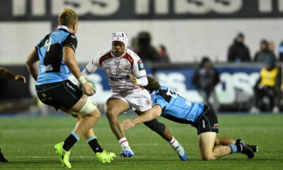 Zekhethelo Siyaya of Sharks is challenged by Le Roux Malan of Cardiff Rugby during the United Rugby Championship match between Cardiff Rugby and Hollywoodbets Sharks at Cardiff Arms Park on October 23, 2026 in Cardiff, Wales. (Photo by Kian Abdullah/Gallo Images)