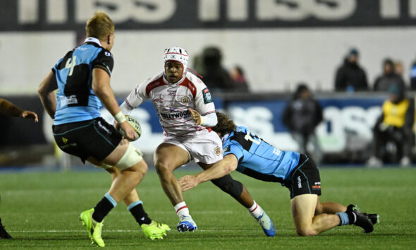 Zekhethelo Siyaya of Sharks is challenged by Le Roux Malan of Cardiff Rugby during the United Rugby Championship match between Cardiff Rugby and Hollywoodbets Sharks at Cardiff Arms Park on October 23, 2026 in Cardiff, Wales. (Photo by Kian Abdullah/Gallo Images)